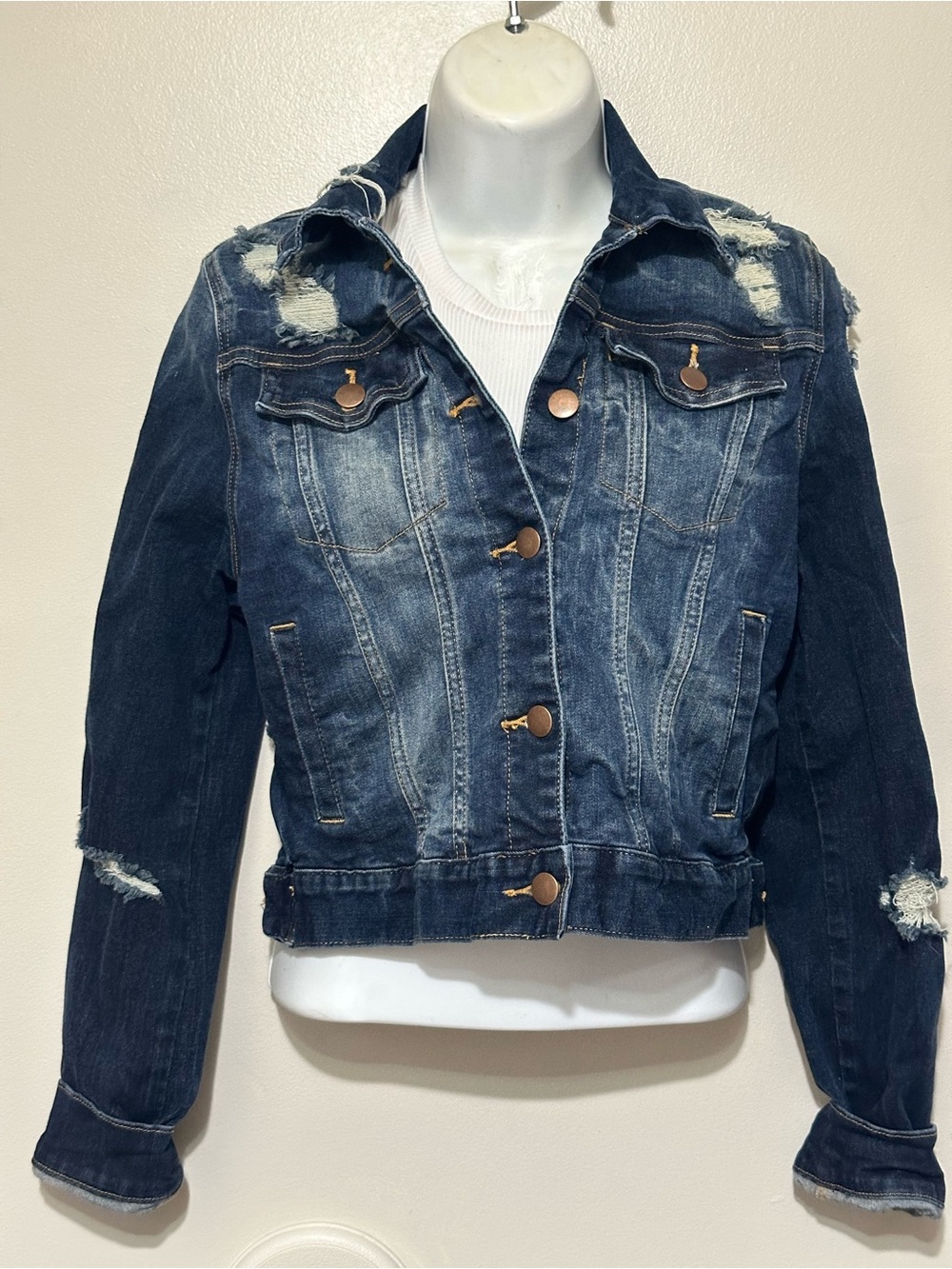 Fashion Nova Distressed Dark Wash denim button down jacket M